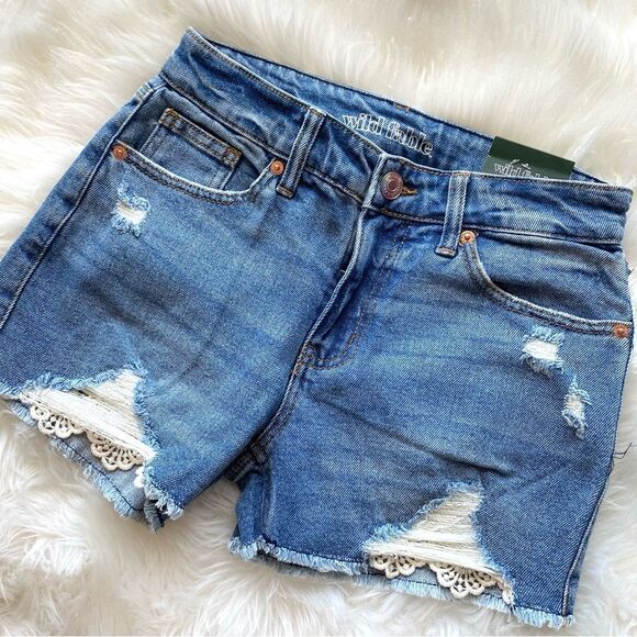 Wild Fable High Rise Crochet Distressed Denim Shorts - Picture 1 of 3